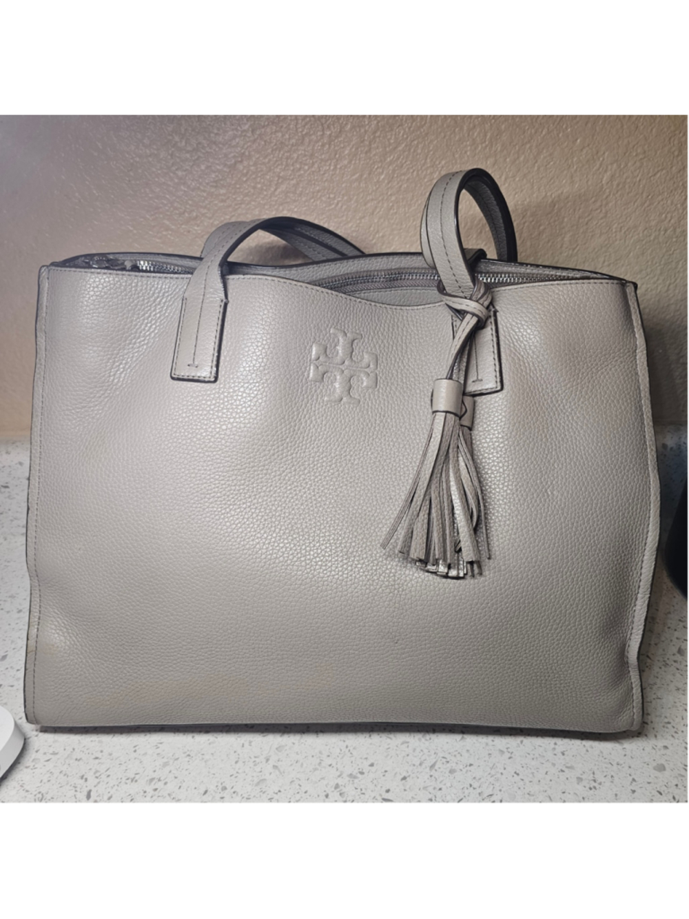 Tory Burch Thea Triple Zip Tote - Taupe Grey Leather Work Bag